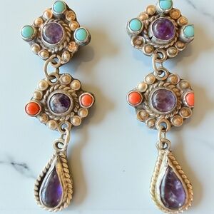 Sterling silver , Amethyst and  Turquoise Dangle Earrings Stamped 925